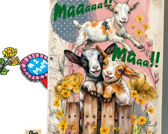 Baby Goats Mother's Day Card Vintage Style Card for Animal Lover Mom
