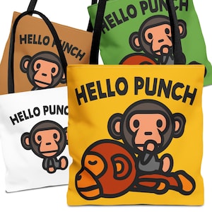 May include: Four tote bags in white, brown, green, and yellow, each featuring a cartoon monkey and the text "HELLO PUNCH" in black. The monkey has a gray face and ears, with a red mouth and nose.