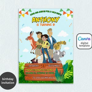 May include: A birthday invitation with a light blue background featuring cartoon characters and animals. The text reads "Anthony is turning 8!" and includes event details. A Canva digital template.