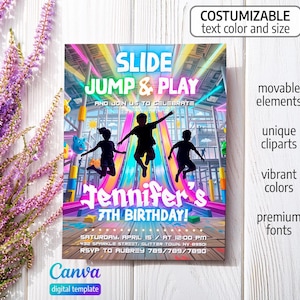 May include: A rectangular digital invitation template featuring a vibrant indoor playground scene with three silhouettes of children jumping. The text reads SLIDE JUMP & PLAY, Jennifer's 7TH BIRTHDAY, and includes event details like date, time, and location.