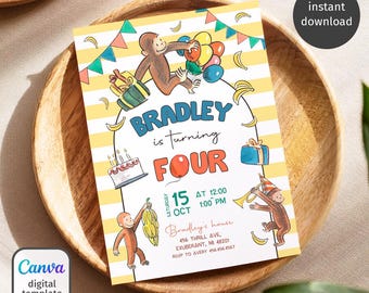 May include: A birthday party invitation with a playful monkey theme. The invitation features a yellow and white striped background, with illustrations of monkeys, bananas, and balloons. Text includes "Bradley is turning FOUR" and party details.