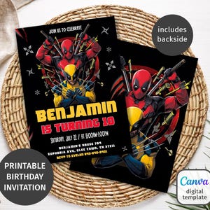 Puede incluir: Invitación de cumpleaños imprimible con personajes de Deadpool y Wolverine sobre un fondo negro. La invitación incluye el texto "Benjamin cumple 10" y detalles del evento. El diseño incluye una parte trasera.