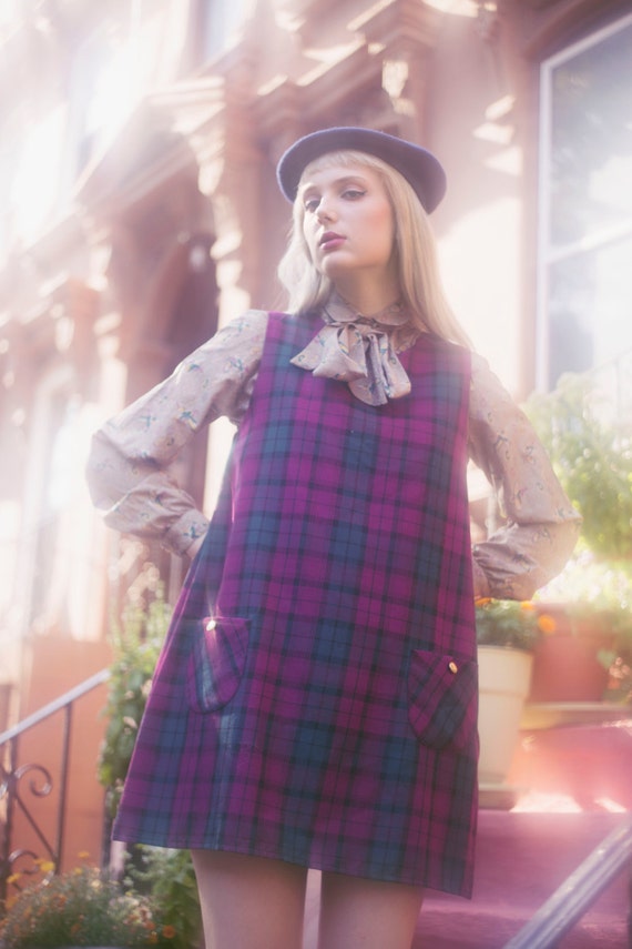 purple tartan school pinafore