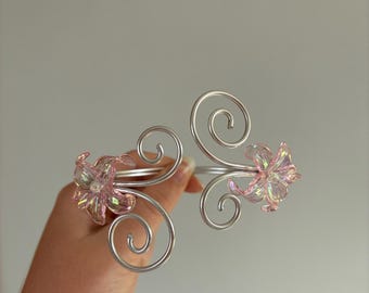 Aurora Inspired Silver Wire Arm Cuff with Pink Flowers, Adjustable Non-Tarnishing Aluminum Bicep Cuff