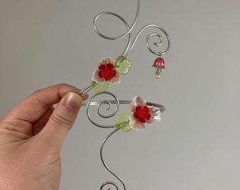 Silver Wire Arm Cuff with Red and White Flowers – Adjustable Bicep Bracelet