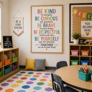 May include: A large framed wall poster featuring colorful text that reads: BE KIND to everyone. BE CURIOUS ask questions. BE BRAVE try new things. BE RESPECTFUL listen and care. BE YOURSELF you are amazing. TOGETHER we can do great things!