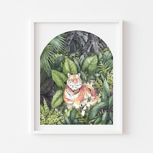 Impresión del arte de la pintura del tigre, tigre en la obra de arte de la acuarela de la selva, impresión de la selva tropical tamaños A3, A4, A5