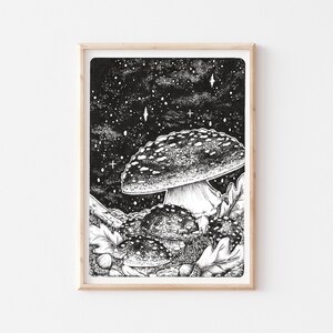 Mushroom Pen Drawing Print, Black and White Night Star Sky Mushroom Forest Mini Prints, A6, A5, 6 x 4 Inches 5x 7 Inches