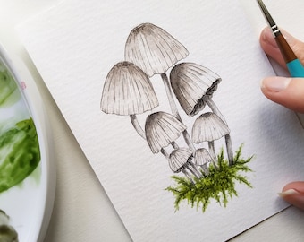 Original Watercolour Painting of Inkcap Mushrooms, Small Fungi Drawing and Illustration A6 Postcard Size