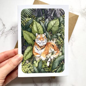 Carte de voeux vierge Tigre dans la jungle, inspirée d'animaux botaniques. Petite carte de voeux A6 faite main, carte d'anniversaire pour les amoureux des animaux