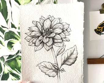 Original Drawing Daliha flower, Hand Drawn in Pen, A6 Fine Art Illustration