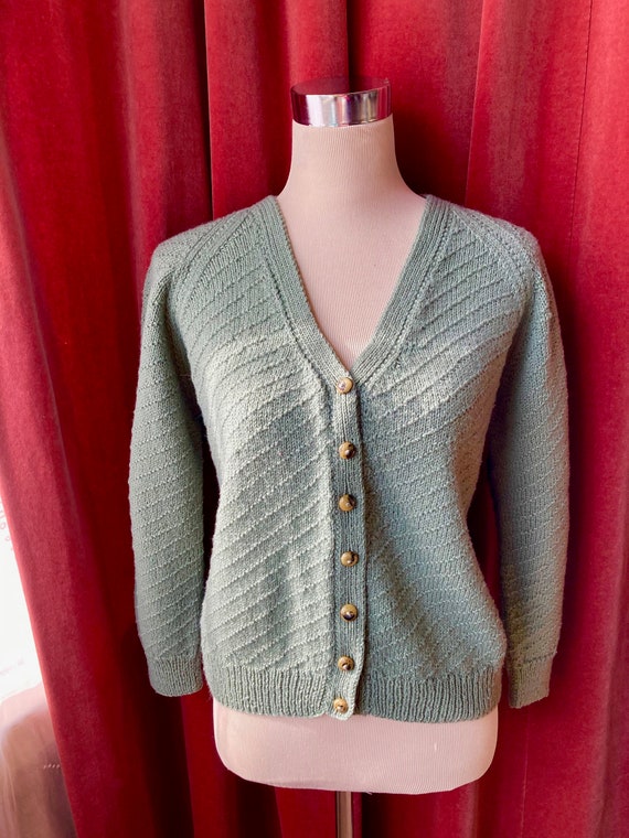 Vintage hand-knitted 30s sage green cardigan with