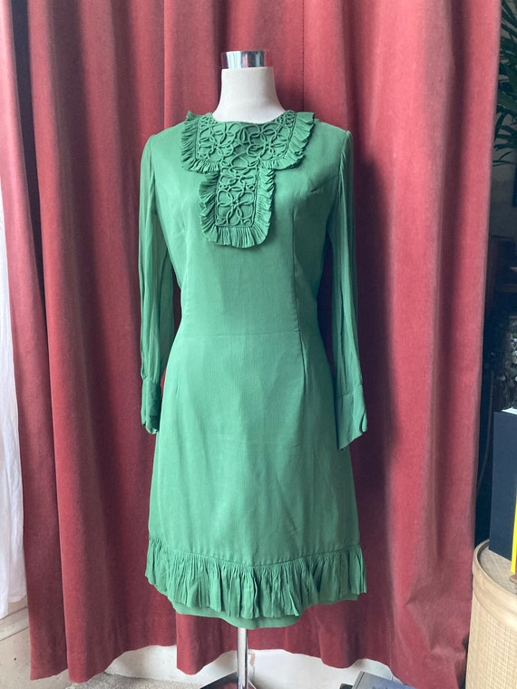 60s Mad Men-style olive green chiffon dress / gree