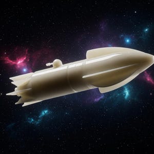 Puede incluir: Un modelo de cohete de color crema con un diseño aerodinámico, aletas y una pequeña antena. El cohete se encuentra sobre un fondo de cielo estrellado con nebulosas coloridas, evocando la exploración espacial y la ciencia ficción.