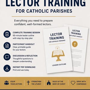 May include: A promotional graphic for lector training for Catholic parishes. The design features the text "LECTOR TRAINING" in large, navy blue letters, with supporting text and icons. Two handouts are shown, along with the text "Faith comes from what is heard."