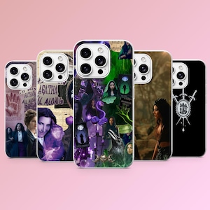 May include: Five smartphone cases featuring various collage designs with purple, green, and black color schemes. The cases display imagery of people, a raven, tarot cards, and text including 'It's Been Agatha All Along' and 'Agatha All Along'.