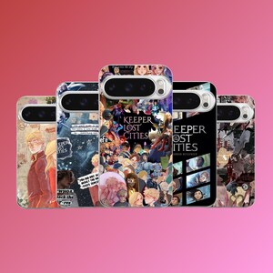 May include: A collection of five phone cases with various designs. The cases feature illustrations and text, including the words "KEEPER LOST CITIES" and other phrases. The cases have a glossy finish and are arranged against a pink background.