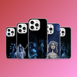 May include: A collection of black phone cases featuring illustrations of characters from the animated film "Corpse Bride." The cases showcase various scenes with characters in shades of blue, white, and black, set against dark backgrounds. The cases have a glossy finish.