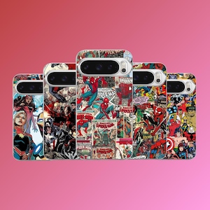 May include: A collection of phone cases featuring comic book art. The cases display various Spider-Man comic book covers and characters, with vibrant colors and dynamic action poses. The cases are arranged in a row against a pink background.