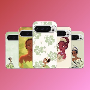 May include: Five phone cases with illustrations of a princess. The cases feature different designs, including a green floral pattern and portraits of the princess in various outfits. The cases are in a row against a pink background.
