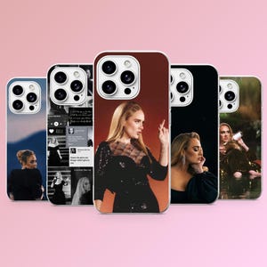 May include: A collection of five smartphone cases featuring various photographic prints of the singer Adele. The designs include images of Adele in black dresses, a collage of song lyrics and music player interfaces, and a portrait against a red background.