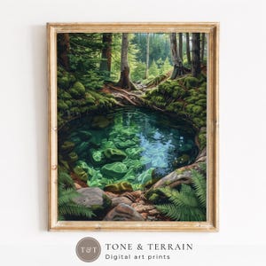 Puede incluir: Una impresión de arte digital enmarcada que representa una escena forestal con una poza de agua turquesa clara rodeada de rocas cubiertas de musgo, raíces de árboles y helechos verdes. El texto T&T TONE & TERRAIN Digital art prints aparece abajo.