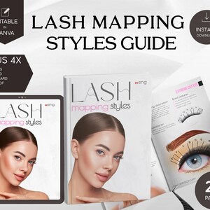 May include: An instructional guide titled "Lash Mapping Styles Guide" with the text "Editable in Canva" and "Instant Download." The guide includes a book, a tablet, and an open book with lash diagrams. Bonus content includes client forms and aftercare cards. A mascara wand is also visible.