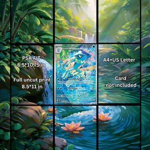 May include: A rectangular print featuring a Frogadier 089/086 trading card centered against a lush jungle waterfall background. Text includes PSA FIT 6.5*10.75 in, Full uncut print 8.5*11 in, A4+US Letter, and Card not included. The scene shows water and flowers.