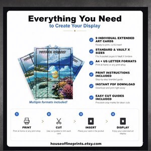 May include: A digital product display showing 9 individual extended art cards featuring a Psyduck illustration. The graphic includes text detailing print instructions, A4 and US letter formats, cut guides, and a 4-step process to print, cut, insert, and display.
