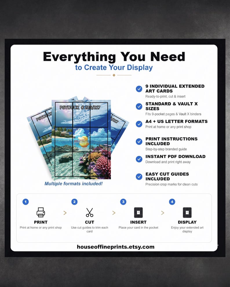 May include: A digital product display showing 9 individual extended art cards featuring a Psyduck illustration. The graphic includes text detailing print instructions, A4 and US letter formats, cut guides, and a 4-step process to print, cut, insert, and display.