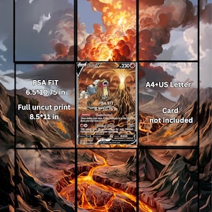 Peut inclure: Une impression rectangulaire intitulée Entei GG36 montrant un paysage volcanique avec des coulées de lave et une carte à collectionner Entei V au centre. Le texte indique PSA FIT 6.5*10.75 in, Full uncut print 8.5*11 in, A4+US Letter et Card not included.