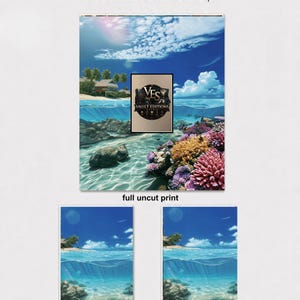May include: A collection of three card formats featuring a tropical beach scene with blue water, coral reefs, and palm trees. Text includes 3 Formats Included, Standard & Vault X cards, full uncut print, Vault Editions, Standard 63 x 88 mm, and Vault X 68 x 97 mm.