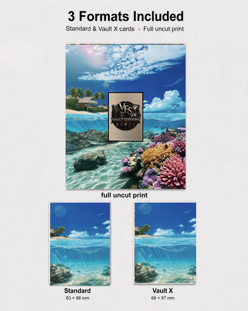 May include: A collection of three card formats featuring a tropical beach scene with blue water, coral reefs, and palm trees. Text includes 3 Formats Included, Standard & Vault X cards, full uncut print, Vault Editions, Standard 63 x 88 mm, and Vault X 68 x 97 mm.