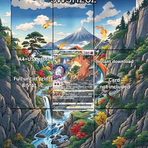 Puede incluir: Una impresión digital con Charizard VStar SWSH262, sobre un paisaje de montañas, cascadas y árboles. El texto incluye Charizard VStar, SWSH262, A4+US Letter, Full uncut print 21,6 x 27,9 cm, Instant download y Card not included.