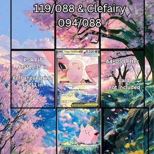 Peut inclure: Un affichage présentant les cartes à collectionner Mega Clefable ex 119/088 et Clefairy 094/088. Le texte indique PSA FIT 16,51*27,31 cm, Full uncut print 21,59*27,94 cm, A4+US Letter et Card not included. Fond de cerisiers en fleurs.