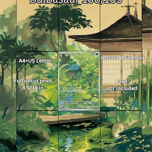 Peut inclure: Une impression numérique présentant l'illustration de la carte Bulbasaur 166/165 dans un jardin luxuriant avec un pont en bois sur l'eau. Le texte inclut VaultEditionsStudio, Bulbasaur 166/165, A4+US Letter, Full uncut print 8.5*11 in, Instant download, Card not included.