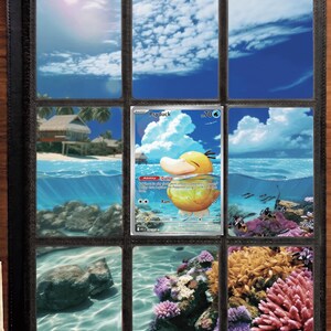 May include: A black trading card binder page containing nine slots. Eight slots feature a continuous panoramic image of a tropical beach, ocean, and coral reef. The center slot holds a Psyduck Pok&eacute;mon card with 70 HP and the Damp ability.