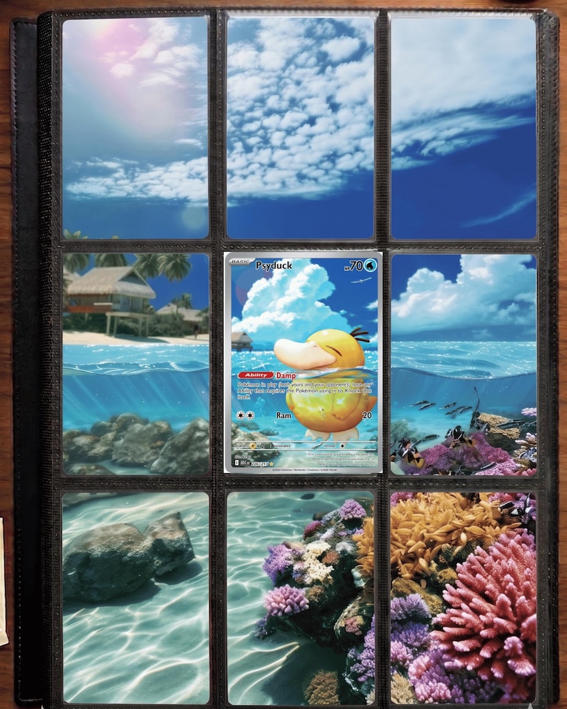 May include: A black trading card binder page containing nine slots. Eight slots feature a continuous panoramic image of a tropical beach, ocean, and coral reef. The center slot holds a Psyduck Pok&eacute;mon card with 70 HP and the Damp ability.