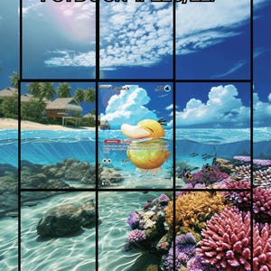 May include: A Psyduck trading card featuring a yellow duck-like creature swimming in blue water. The card displays the text Psyduck, 70 HP, Damp ability, and Ram attack. The background shows a tropical beach scene with a blue sky, clouds, and coral.