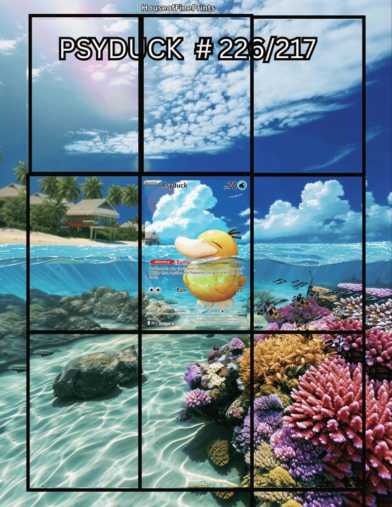 May include: A Psyduck trading card featuring a yellow duck-like creature swimming in blue water. The card displays the text Psyduck, 70 HP, Damp ability, and Ram attack. The background shows a tropical beach scene with a blue sky, clouds, and coral.