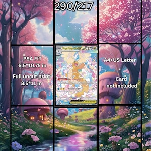 May include: A Mega Dragonite ex 290/217 trading card displayed against a fantasy forest background. Text includes PSA FIT 16.51*27.31 cm, Full uncut print 21.59*27.94 cm, and A4+US Letter. The card features a central Dragonite illustration with 370 HP.