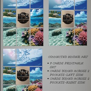 May include: A printable set of nine cards featuring connected binder art with a tropical beach and coral reef scene. The design includes a blue sky with clouds, palm trees, and colorful coral. The text reads: CONNECTED BINDER ART, 9 CARDS PRINTABLE SET, CARDS JOINED ACROSS 2 POCKETS-LEFT SIDE, CARDS JOINED ACROSS 2 POCKETS-RIGHT SIDE.