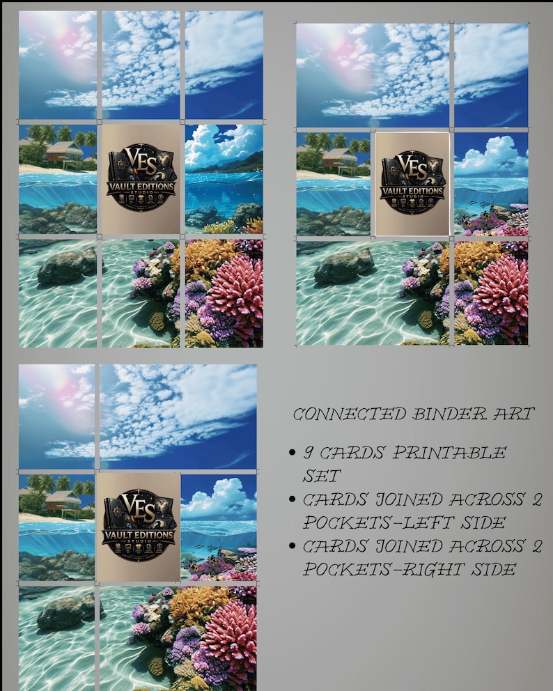 May include: A printable set of nine cards featuring connected binder art with a tropical beach and coral reef scene. The design includes a blue sky with clouds, palm trees, and colorful coral. The text reads: CONNECTED BINDER ART, 9 CARDS PRINTABLE SET, CARDS JOINED ACROSS 2 POCKETS-LEFT SIDE, CARDS JOINED ACROSS 2 POCKETS-RIGHT SIDE.