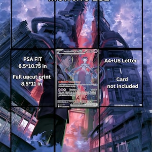 Peut inclure: Une impression d'art numérique illustrant Mewtwo 231 sur un fond de ville futuriste. Le texte inclut VaultEditionsStudio, PSA FIT 16,51*27,31 cm, Full uncut print 21,59*27,94 cm, A4+US Letter et Card not included. La palette de couleurs est violet et rouge.
