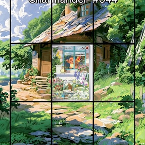 May include: A trading card featuring the character Charmander #044, displayed against a background illustration of a rustic cottage with a stone path, green trees, and a blue sky with white clouds. The card shows the text Charmander and Heat Tackle.