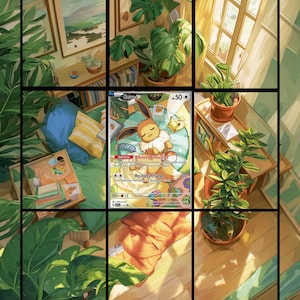 May include: A trading card featuring the character Eevee sleeping on a round rug in a room filled with plants. The card displays the text EEVEE 173, 50 HP, Boosted Evolution, and Reckless Charge. The illustration shows a cozy interior with sunlight streaming through a window, surrounded by potted greenery and books.