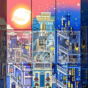 May include: A triptych illustration titled MEOWTHS featuring three vertical panels of a city building at different times of day. Each panel displays a Meowth trading card with a 70 or 60 HP value, showcasing the character in various urban settings.