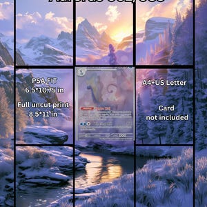 May include: A rectangular print featuring a snowy mountain landscape with the text Aurorus 092/088. The print includes text stating PSA FIT 6.5*10.75 in, Full uncut print 8.5*11 in, and A4+US Letter. A trading card is centered in the image.