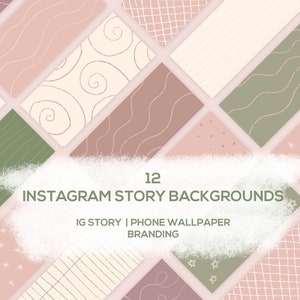 Puede incluir: Una colección de 12 fondos para historias de Instagram en colores pastel, como rosa, verde y beige. Cada fondo presenta un patrón único, como líneas onduladas, espirales y diseños de trama cruzada. El texto "12 Instagram Story Backgrounds" y "IG Story | Phone Wallpaper | Branding" está presente.
