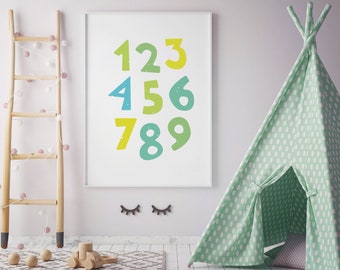 PRINTABLE Numbers Nursery Print, Learning Poster, Nursery Decor, Educational Print, Toddler Room Decor, Green Yellow, Activity for Kids